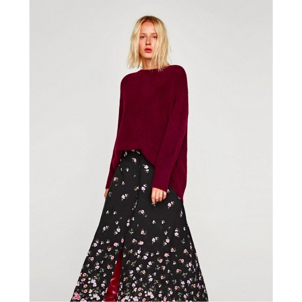 Zara oversized Burgundy Crew Neck Wool Blend Sweater